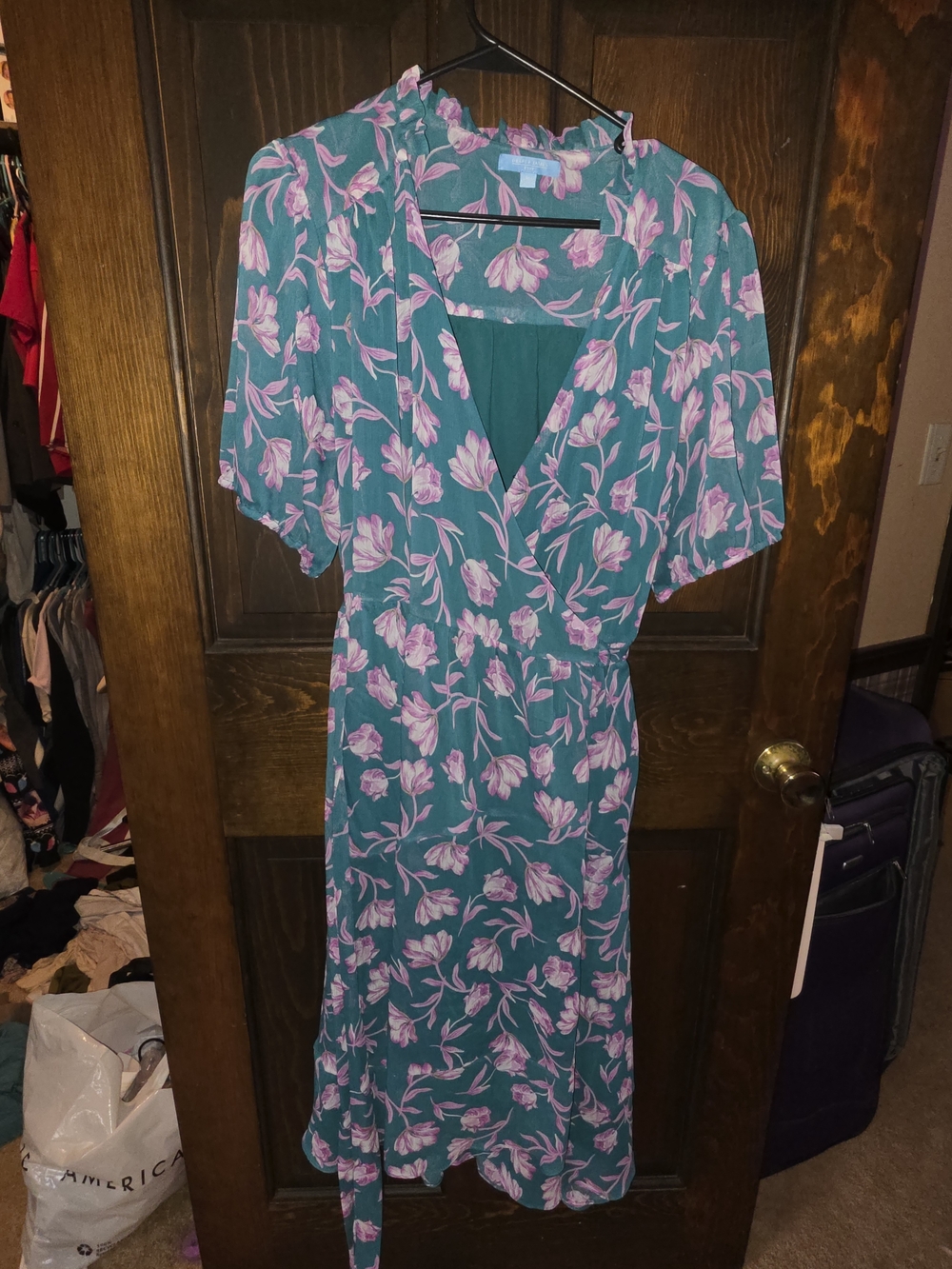 Floral Wrap Midi Dress - Teal with Pink Bloom